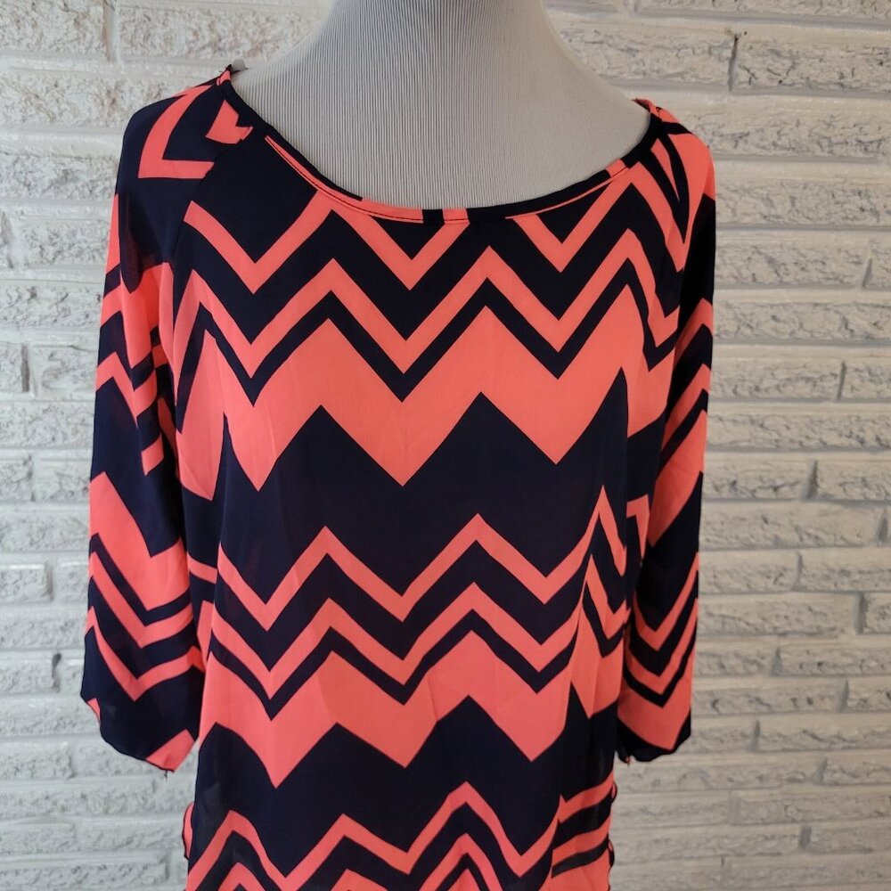 Absolute Angel Women XL Top Pink Blue Zig Zag Boat Neck Long Sleeve GEO14E - Picture 3 of 7